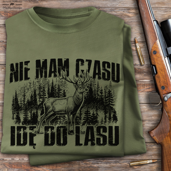 Myśliwska koszulka bawełniana T-shirt khaki nadruk NIE MAM CZASU IDĘ DO LASU w pudełku prezentowym