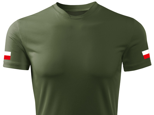 Termoaktywna koszulka wojskowa khaki - nadruk Flagi Polski