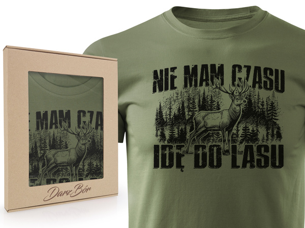 Myśliwska koszulka bawełniana T-shirt khaki nadruk NIE MAM CZASU IDĘ DO LASU w pudełku prezentowym