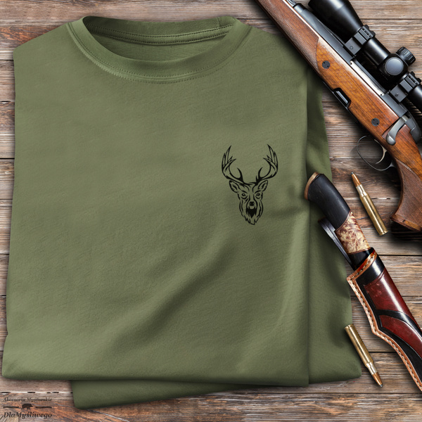 Myśliwska koszulka bawełniana T-shirt khaki mały nadruk - GŁOWA BYKA