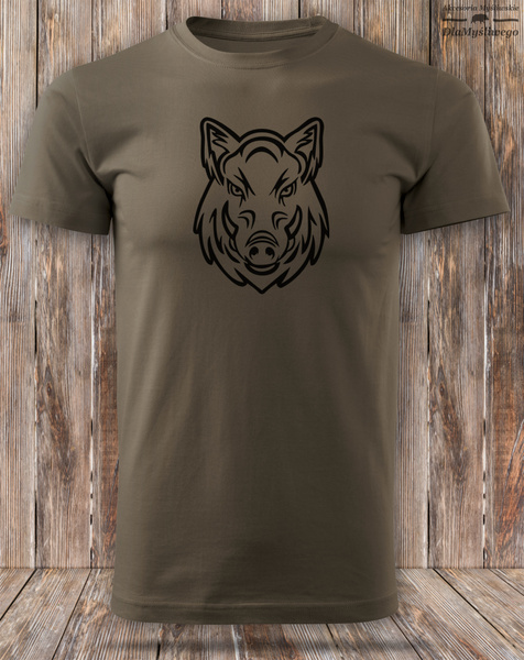 Myśliwska koszulka bawełniana T-shirt brązowa nadruk - GŁOWA DZIKA