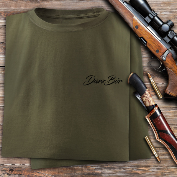 Myśliwska koszulka bawełniana T-shirt zieleń wojskowa mały nadruk - DARZ BÓR