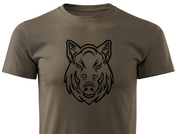 Myśliwska koszulka bawełniana T-shirt brązowa nadruk - GŁOWA DZIKA