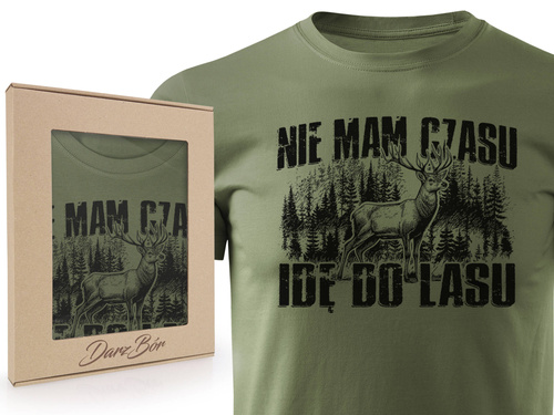 Myśliwska koszulka bawełniana T-shirt khaki nadruk NIE MAM CZASU IDĘ DO LASU w pudełku prezentowym