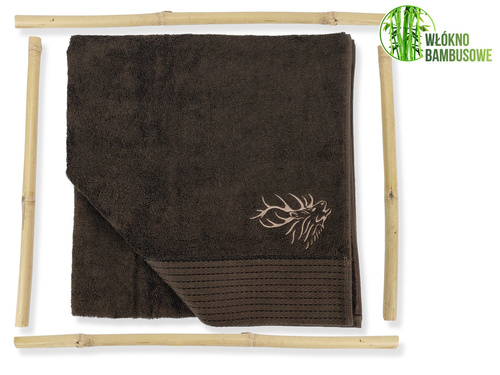 Myśliwski ręcznik bambusowy z haftem brąz -140x70