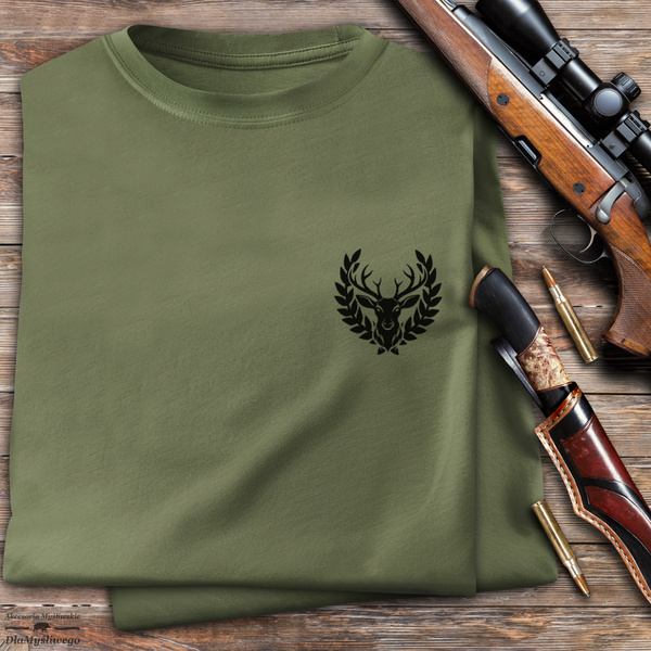 Myśliwska koszulka bawełniana T-shirt khaki mały nadruk - BYK w WIEŃCU