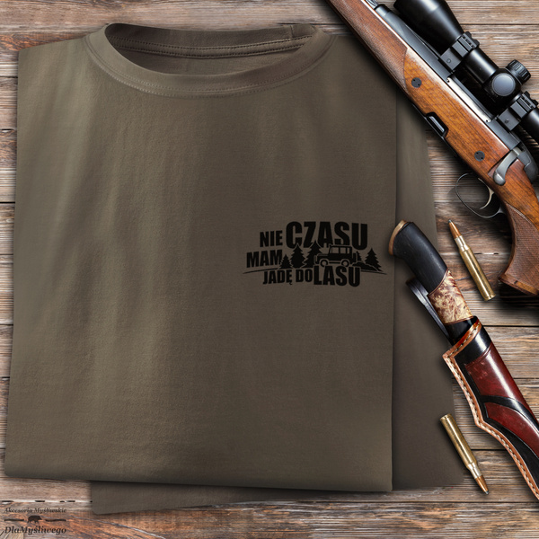 Myśliwska koszulka bawełniana T-shirt kolor brązowy mały nadruk - NIE MAM CZASU JADĘ DO LASU