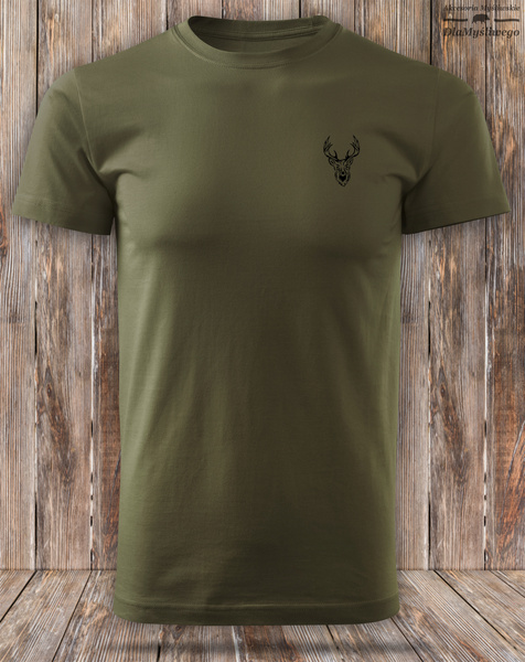 Myśliwska koszulka bawełniana T-shirt zieleń wojskowa mały nadruk - GŁOWA BYKA