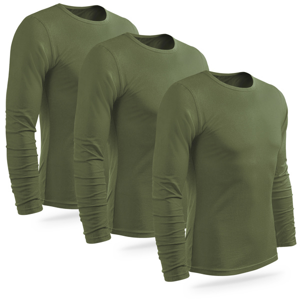 Zestaw 3 sztuk bawełnianych koszulek z długim rękawem - kolor khaki