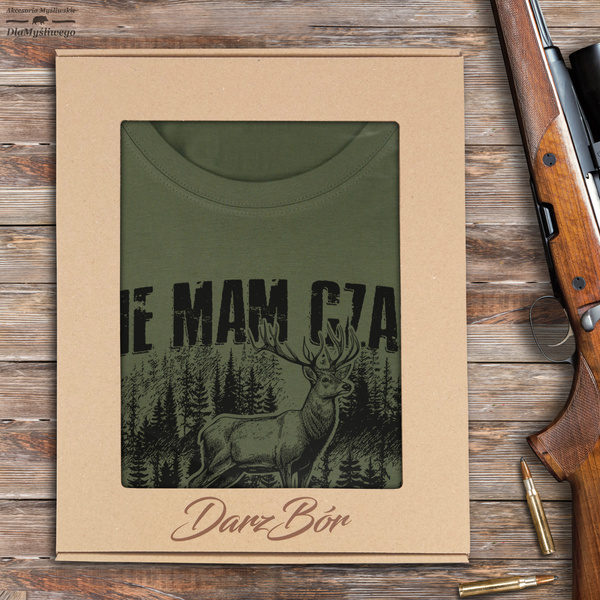 Myśliwska koszulka bawełniana T-shirt khaki nadruk NIE MAM CZASU IDĘ DO LASU w pudełku prezentowym