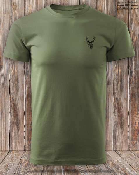 Myśliwska koszulka bawełniana T-shirt khaki mały nadruk - GŁOWA BYKA