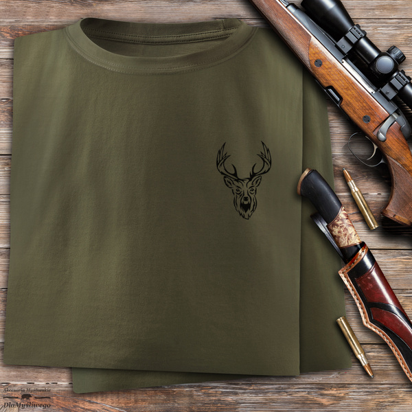 Myśliwska koszulka bawełniana T-shirt zieleń wojskowa mały nadruk - GŁOWA BYKA