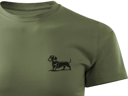 Koszulka bawełniana T-shirt khaki, mały nadruk - JAMNIK GŁADKOWŁOSY