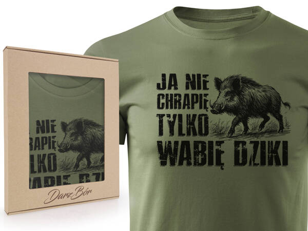 Myśliwska koszulka bawełniana T-shirt khaki nadruk JA NIE CHRAPIĘ TYLKO WABIĘ DZIKI w pudełku prezentowym