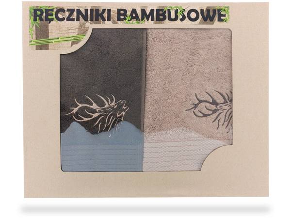 Zestaw myśliwskich ręczników z haftem – brązowy 140x70 + beżowy 100x50